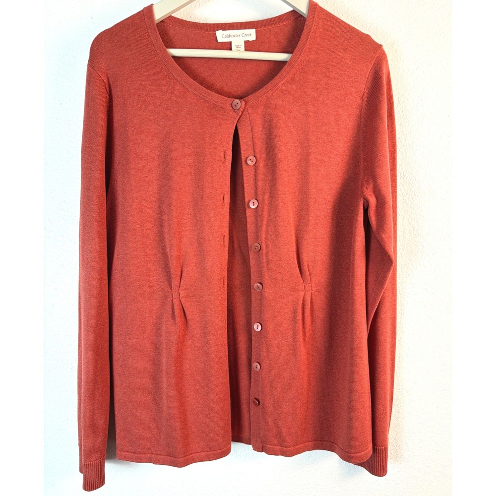 Coldwater Creek Silk Cotton Blend Button Front Pleated Cardigan Rust Orange M